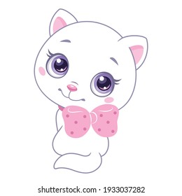 Little white cat with pink bow sitting and looking back. Cartoon vector clipart