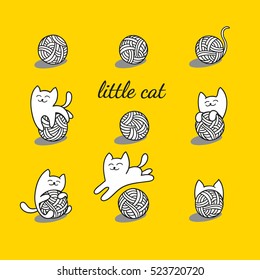 Little white cat is playing with wool balls. Children vector illustration. Cute character design. Set of graphic elements for kids. Cartoon hand drawn style. Wrapping, package, textile design.