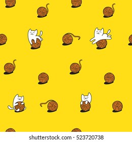 Little white cat is playing with wool balls. Children seamless vector pattern. Cute character design. Set of graphic elements for kids. Cartoon hand drawn style. Wrapping, package, textile design.
