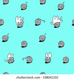 Little white cat is playing with wool balls. Children seamless vector pattern. Cute character design. Set of graphic elements for kids. Cartoon hand drawn style. Wrapping, package, textile design.