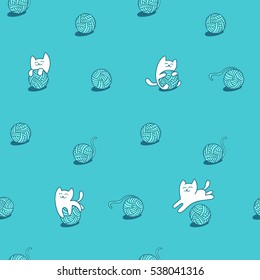 Little white cat is playing with wool balls. Children seamless vector pattern. Cute character design. Set of graphic elements for kids. Cartoon hand drawn style. Wrapping, package, textile design.