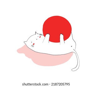 Little White Cheerful Kitten Playing With a Large Ball of Red Wool. Cute Simple Nursery Vector Art With Playfull Cat ideal for Card, Wall Art, Poster. Lovely Hand Drawn Illustration for Cat Lovers.