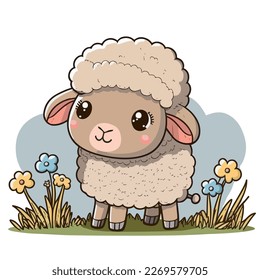Little white cheerful and smiling sheep. Little baby sheep. A nice little lamb with big dark eyes. Nice character graphics made in vector graphics. Illustration for a child.
