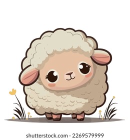 Little white cheerful and smiling sheep. Little baby sheep. A nice little lamb with big dark eyes. Nice character graphics made in vector graphics. Illustration for a child.
