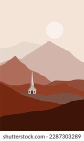 A little white church with a tall steeple is seen nestled in the mountains with a late afternoon sun in the background in this vector image.