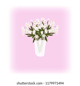 Little white Flowers in a vase on soft pink background.Hand drawn for Illustration  and greeting cards,invitations.