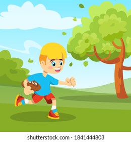 Little White Haired Boy Plays Rugby or American Football. Kid in Shoe Runs with a Ball. Cartoon isolated character