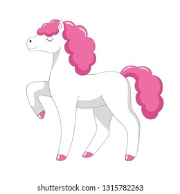 Little white horse with pink hair, beautiful pony. Vector illustration isolated on white