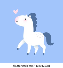 Little white horse pony with heart. Hand drawn vector character. Animal flat clipart. Cartoon illustration for kids game, book, t-shirt, cards, print, textile, poster