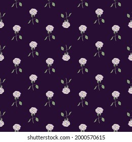 Little white hydrangea flower silgouettes seamless nature pattern. Dark purple background. Vector illustration for seasonal textile prints, fabric, banners, backdrops and wallpapers.