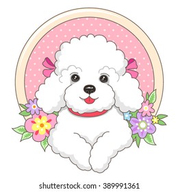 Little white lapdog in a frame with flowers in cartoon style. Cute illustration for your design