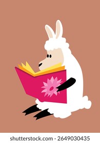 Uma lhama branca lendo um livro excitante. Imagem vetorial para impressões, cartazes e ilustrações.