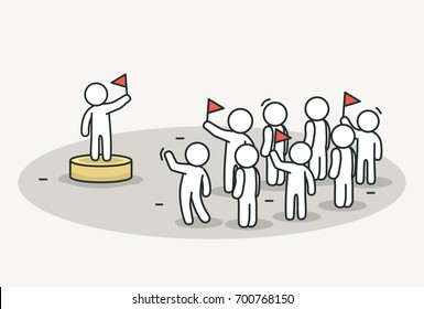 Little white people with leader on celebration or political action. Protest and leader concept. Hand drawn cartoon or sketch design. Vector illustration