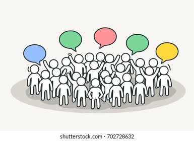 Little white people talk with chat bubbles. Conference or discussion concept. Hand drawn cartoon or sketch design. Vector illustration