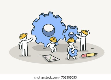 Little white people working installing gears. Technology work, teamwork and professional concept. Hand drawn cartoon or sketch design. Vector illustration