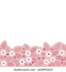 little white and pink flowers and messy leaves on blooming meadow seasonal floral seamless bottom horizontal border on pink background