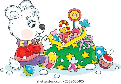 Little white polar bear with its gift bag full of toys and sweets on a snowy holiday winter day, vector cartoon illustration on a white background