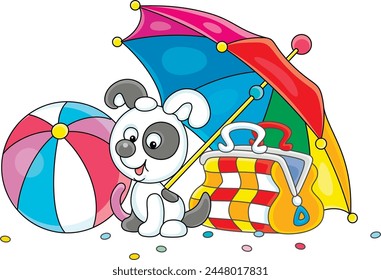 Little white pup with black spots and a colorful striped umbrella, a beach ball and a small suitcase for funny performances of a circus clown, vector cartoon illustration on a white background