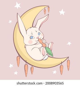 Little white rabbit eating a carrot on the moon surrounded by stars and carrots. Vector illustration for children rabbit lying on the moon. Fluffy white hare eating carrot children's illustration