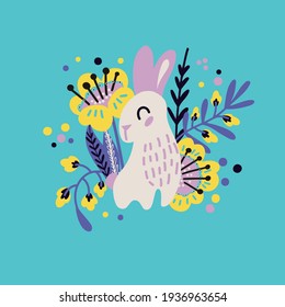 Little white rabbit in a minimalist style with flowers elements. Vector illustration in a flat style. Print for baby clothes, wallpapers, backgrounds, cards and posters