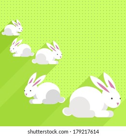 Little white rabbits Easter spring seasonal flat modern holiday card with blank white label with place for your text on light green polka dots background