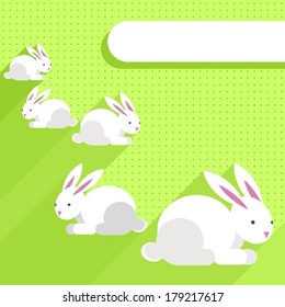 Little white rabbits Easter spring seasonal flat modern holiday card with blank white label with place for your text on light green polka dots background