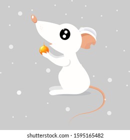 Little white rat holding a christmas ball. Vector illustration