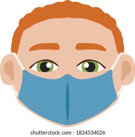 Little white skinned boy face with green eyes and ginger hair wearing a reusable blue face mask for school illustration element design vector isolated on a white background