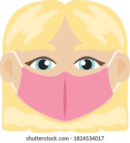 Little white skinned girl face with blue eyes and blonde hair wearing a reusable pink face mask for school illustration element design vector isolated on a white background