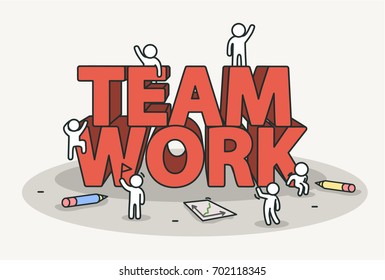 Little white with team work text. Teamwork and success concept. Hand drawn cartoon or sketch design. Vector illustration