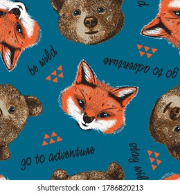 Little wild fluffy red fox and bear face seamless pattern. Vector illustration