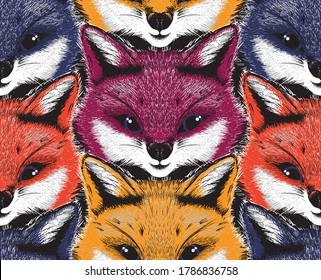 Little wild fluffy red fox face. Crazy colors seamless pattern. Vector illustration.