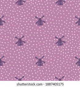 Pequeño patrón de agricultura sin soldadura de molino de viento en estilo doodle. Impresión con puntos Lilac. Fondo agrícola. Diseñado para papel pintado, textil, papel envolvente, impresión de tela. Ilustración vectorial.