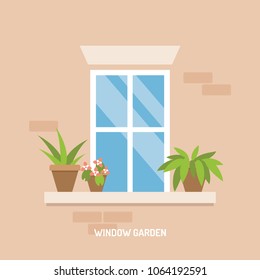 Little window garden building facade flat vector illustration