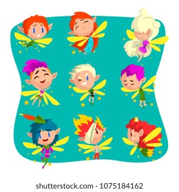 Little winged elves set, cute fairytale elf character with colored hair and various emotions vector Illustrations on a white background