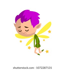 Little winged sad elf boy with purple hair, cute fairytale character vector Illustration on a white background