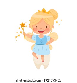 Little Winged Tooth Fairy and First Baby Tooth Vector Illustration