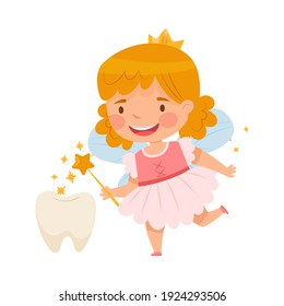 Little Winged Tooth Fairy and First Baby Tooth Vector Illustration
