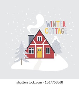 little winter cottage scenery with trees. Vector illustration of cute little house for cards and posters