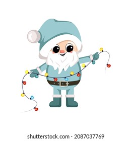 Little winter gnomes with long white beard, happy face and holiday items. Character for New Year, Christmas and winter design