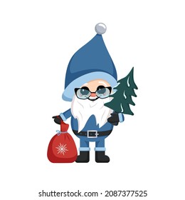 Little winter gnomes with long white beard, happy face and holiday items. Character for New Year, Christmas and winter design