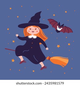 The little witch and bat. Vector halloween illustration for card, poster and decoration