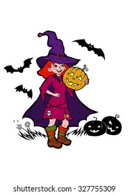 little witch with bats and pumpkins, cartoon vector illustration