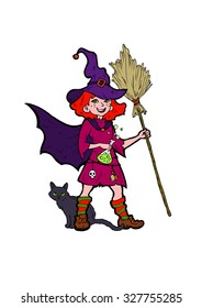 Little witch with a black cat, cartoon vector illustration