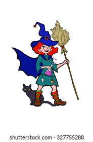 Little witch with a black cat, cartoon vector illustration