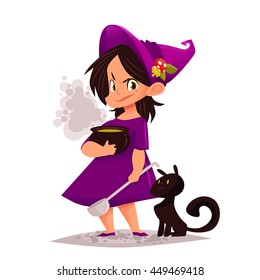 Little witch with black cat cartoon character vector illustration