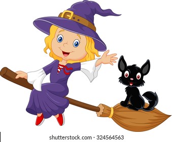 little witch and a black cat in the flying broomstick