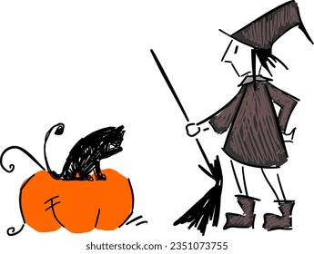 little witch and black cat halloween vector