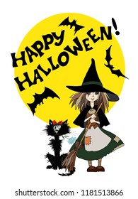 Little witch and black cat on yellow moon background. Happy Halloween text and black bats silhouettes. Vector cartoon illustration, isolated on white.