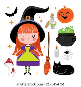 
little witch with black cat on the white background